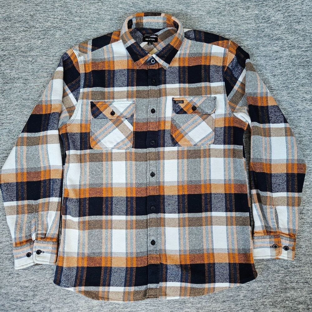 Brixton Bowery Flannel Shirt Men's Large Black Orange Plaid Long Sleeve Heavy